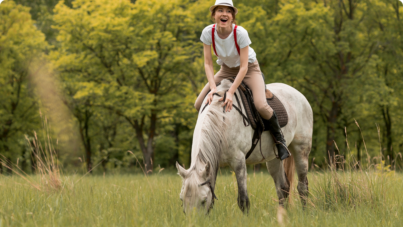 Horse rider enjoy green trail woods learn skill