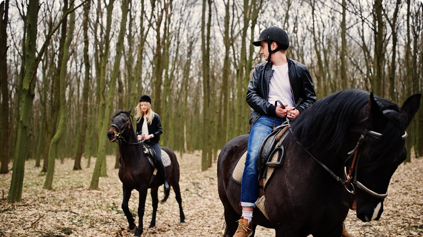 Horse rider learn skill along quiet trail woods